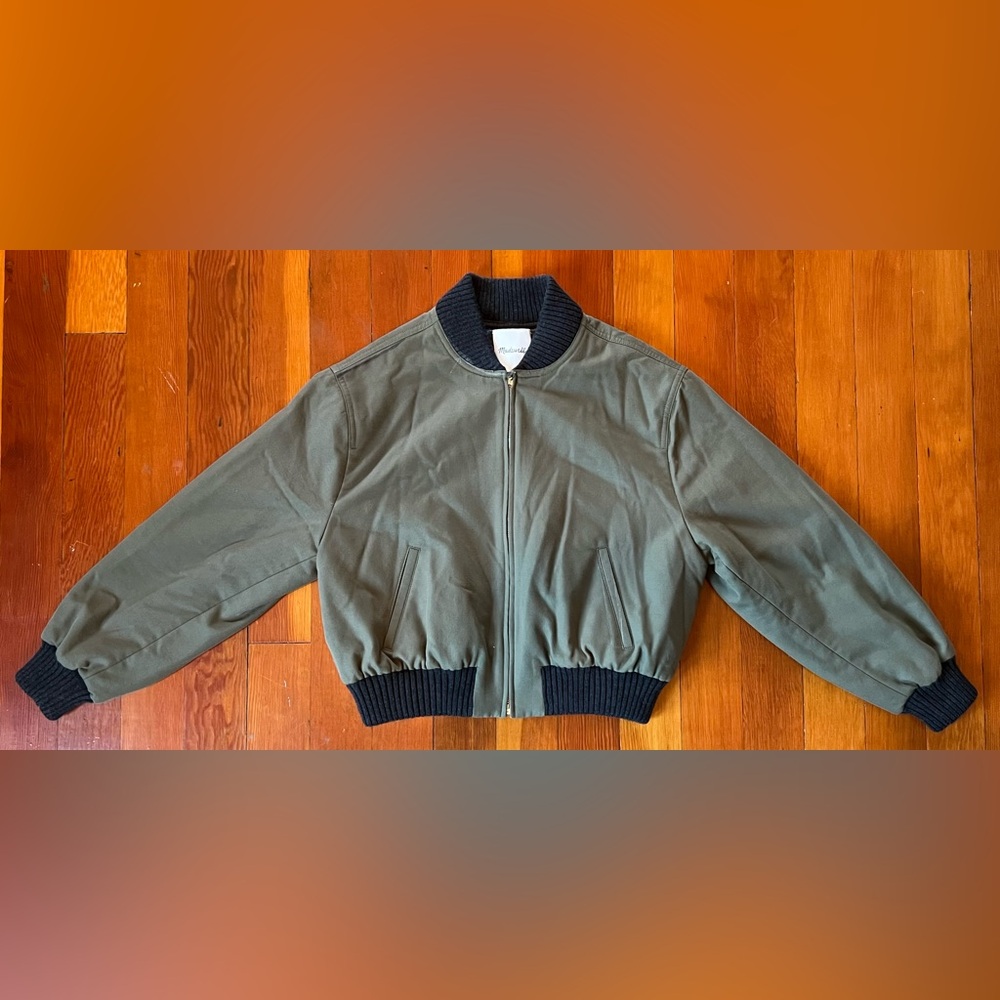 NWOT Madewell Olive Green Classic Bomber Jacket with Black Trim - Medium *